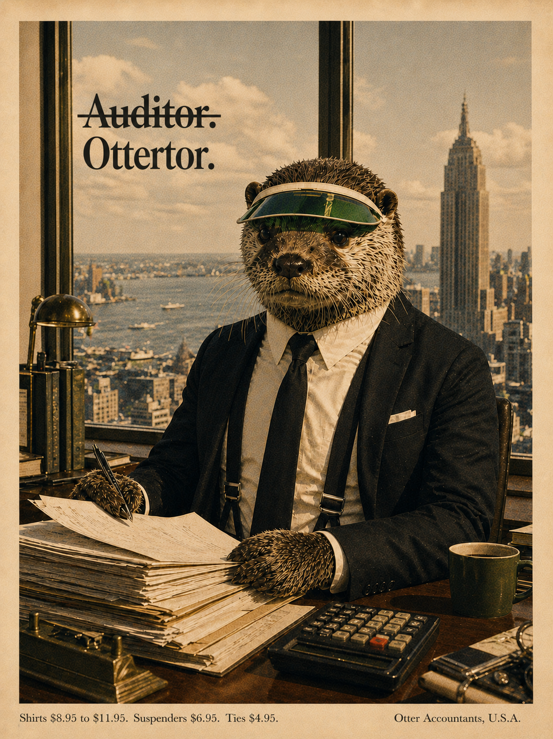 Otter at desk auditing a stack of papers